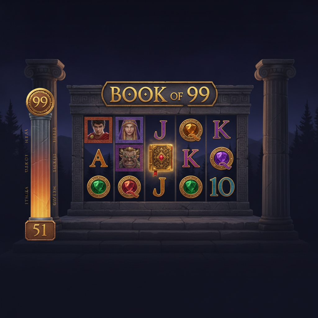 Book of 99 slot med grekiska tempelkolonner, gyllene bok-symbol och antika karaktärer inklusive hjälte, profetissa, cyklop och trollkvinna