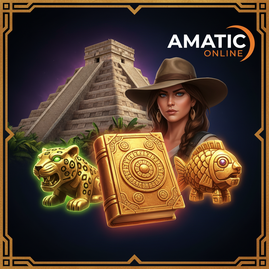 Book of Aztec slot från Amatic med aztek-pyramid, kvinnlig utforskare, gyllene bok och aztek-statyer mot mörk mystisk bakgrund
