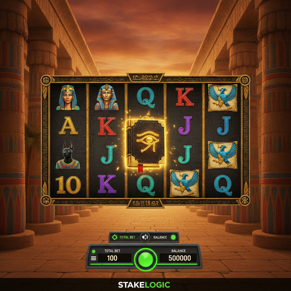Book of Cleopatra spelautomat med antikt egyptiskt tempel, gyllene bok med Eye of Ra-symbolen, Kleopatras porträtt och hieroglyfer mot solnedgångshimmel