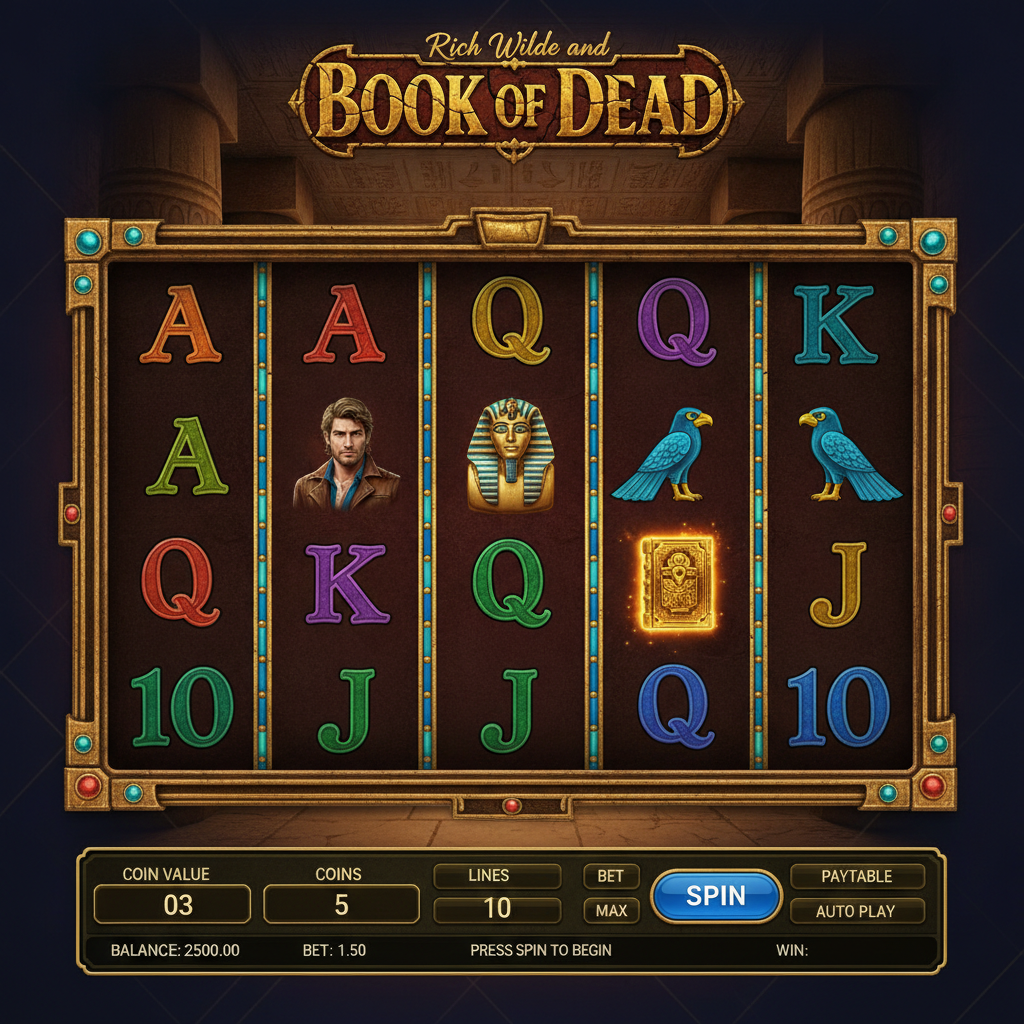 Rich Wilde and the Book of Dead slot med 5 hjul, 3 rader, forntida egyptiskt tempel med gyllene ramverk, avbildar äventyraren Rich Wilde, faraosymboler, Anubis, Horus och mystiska tomtens bok scatter wild