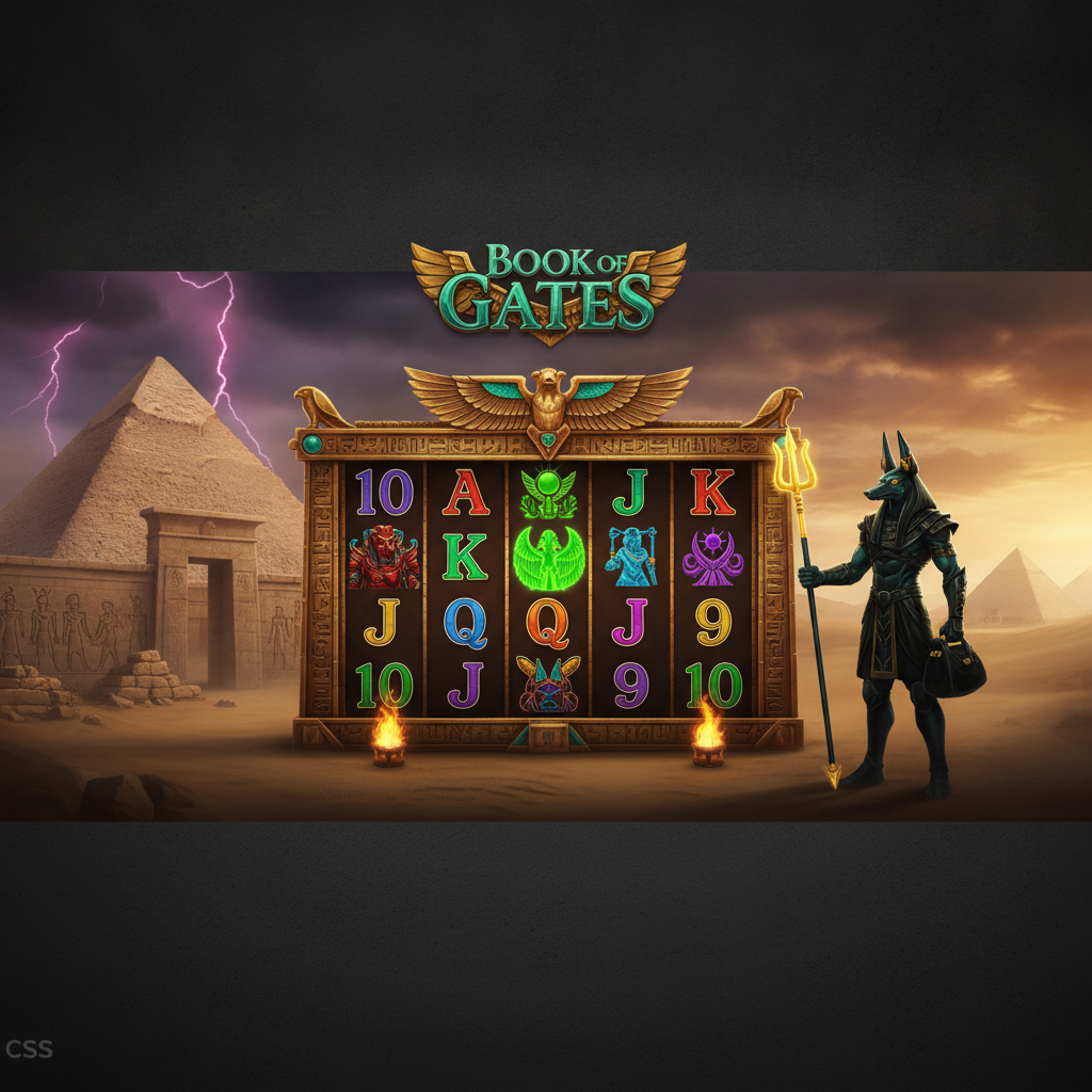 Book of Gates slot med egyptiska gudar Anubis och Isis, pyramider i öknen, gyllene hjul med hieroglyfer och ankh-symbolen