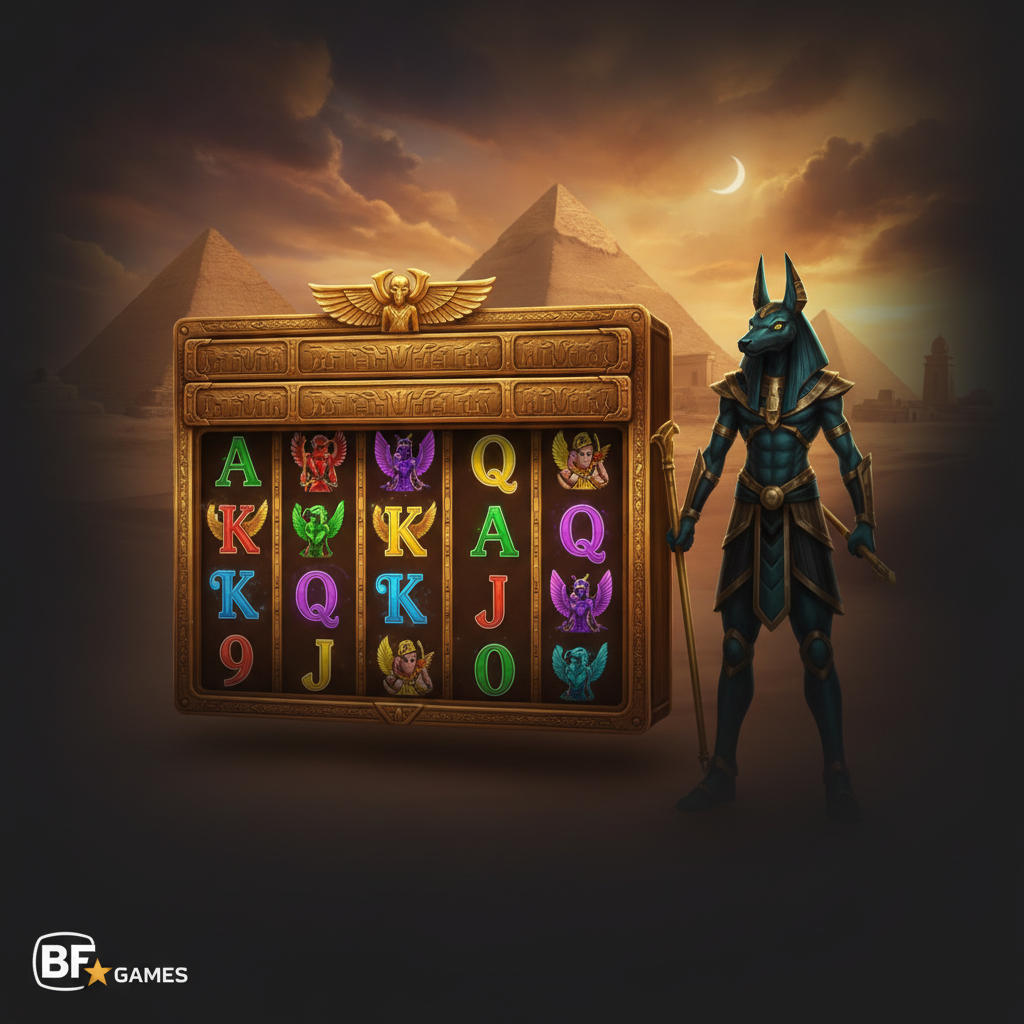 Book of Gates slot med Anubis, forntida egyptiska pyramider, gyllene vingar och hieroglyfiska symboler på 5 hjul