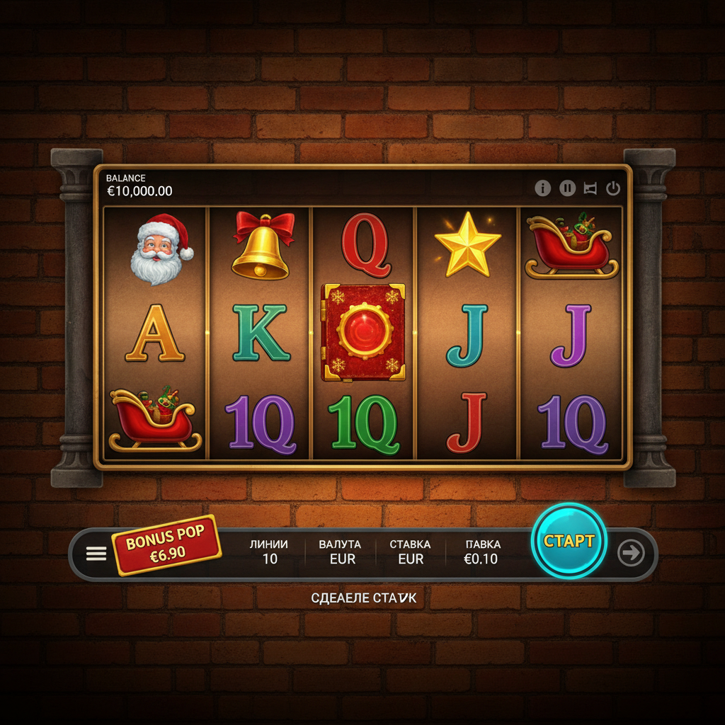 Book of Santa slot med jultomten, gyllene klockor, stjärnor och magisk julbok på tegelväggsbakgrund