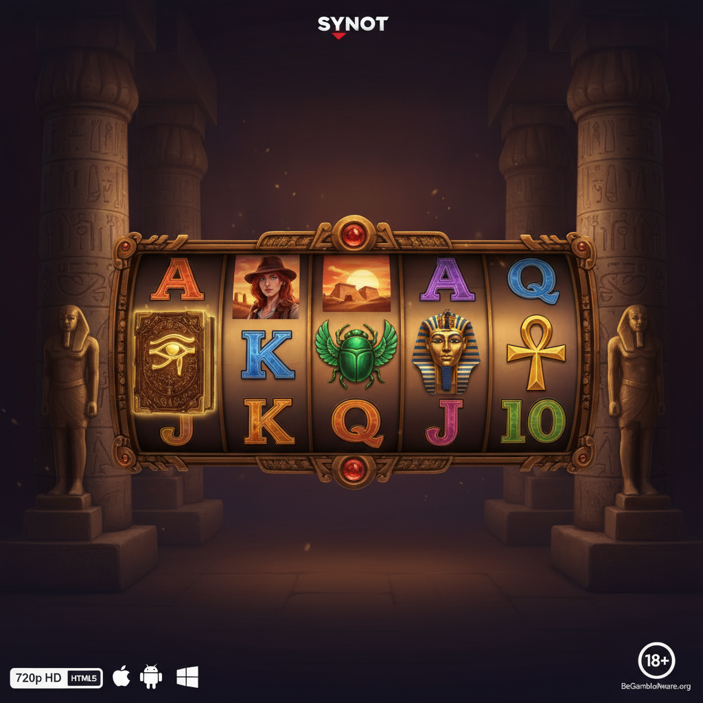 Book of Secrets slot maskinen visar forntida egyptisk tempel med guldpelare, mystisk bok med Horuses öga, upptäcktsresande kvinna och farao mask symboler på 5 hjul