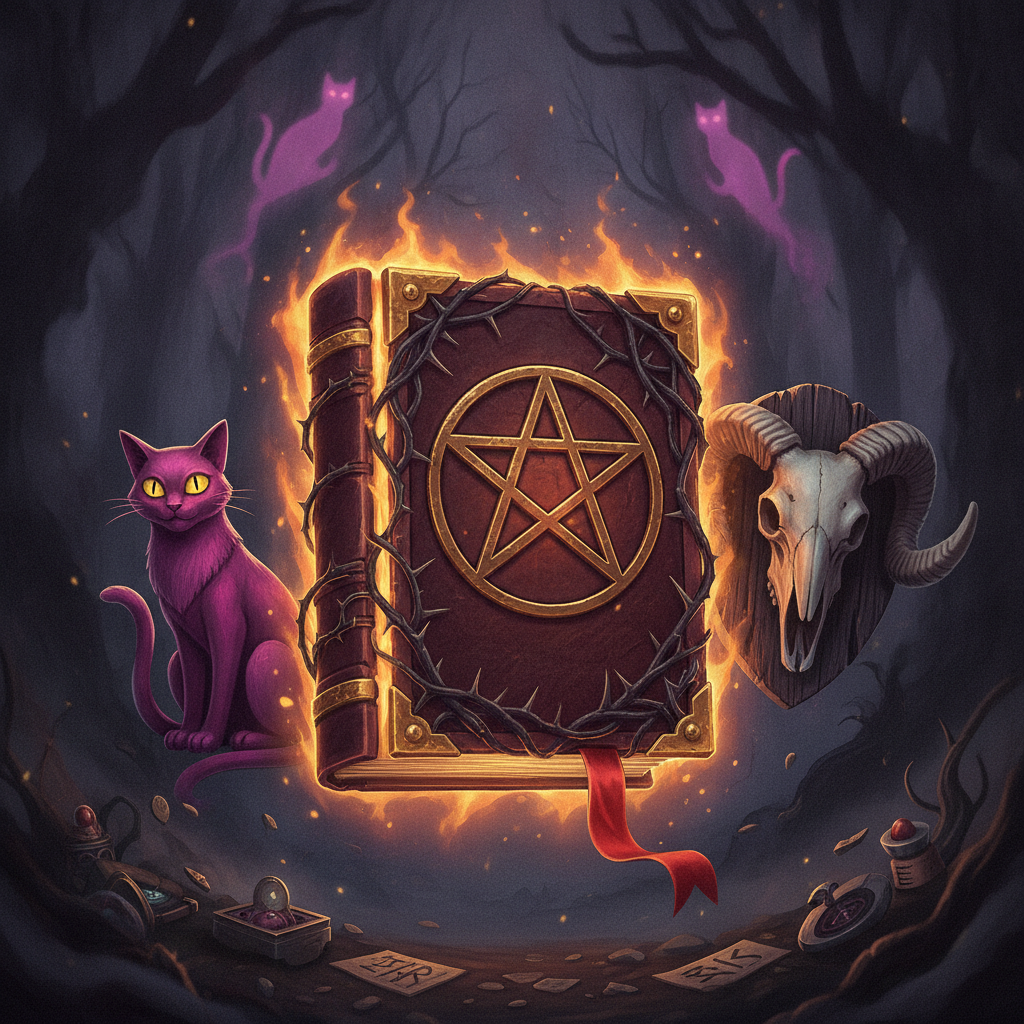 Book of Shadows slot golden pentagram spell book with red ribbon bookmark, purple cat familiar, ram skull occult symbols on dark mystical background