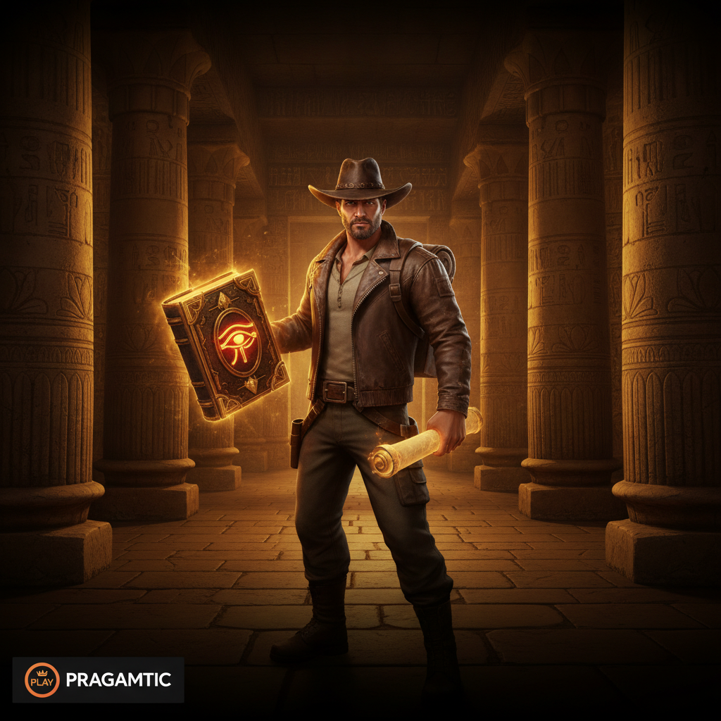 Book of the Fallen slot med cowboy-utforskare i egyptiskt tempel omgiven av gyllene kolonner, hieroglyfer och mystisk bok med röda Ögat av Ra
