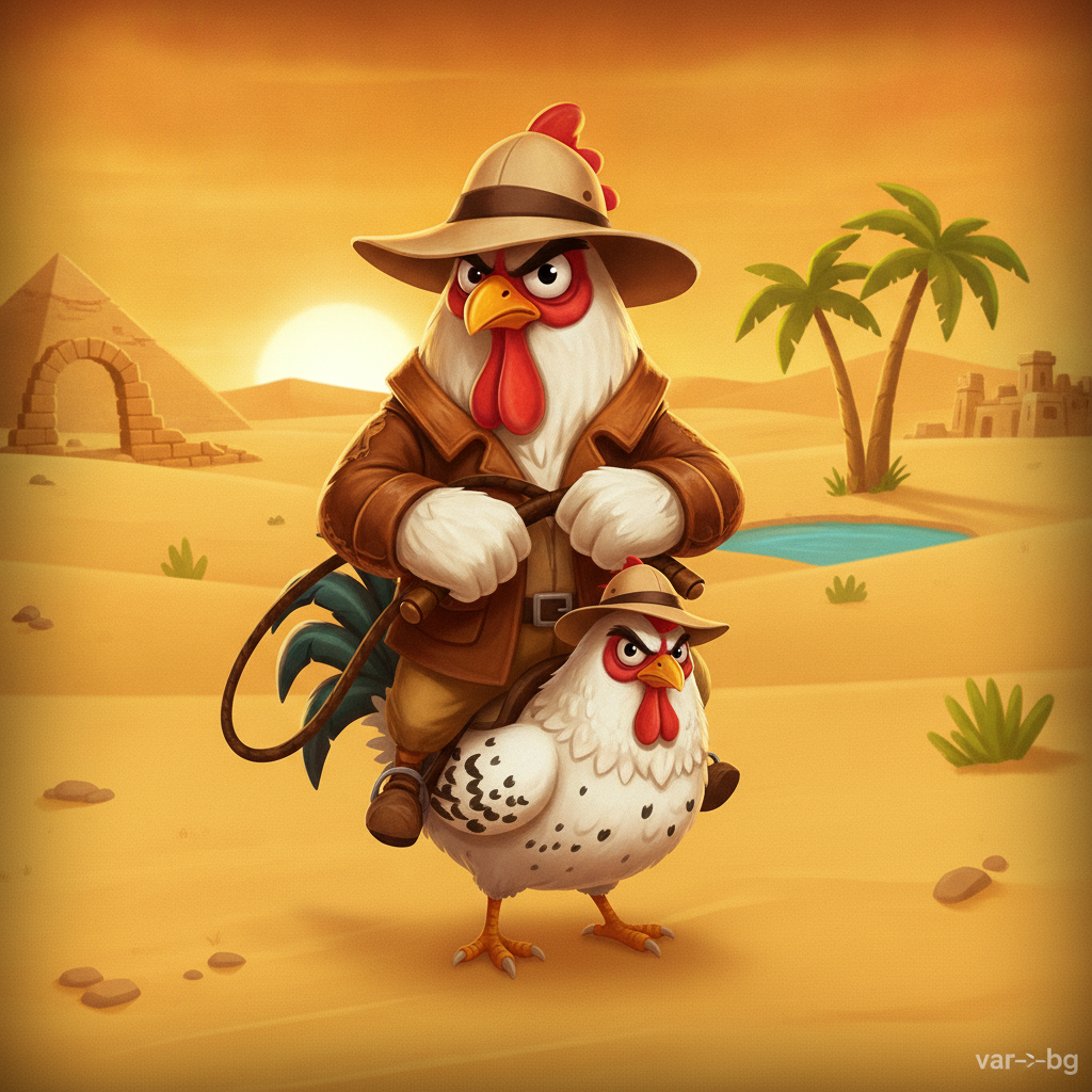 Book of Crazy Chicken slot med egyptisk äventyrare-kyckling i fedora och piska framför pyramid i ökenlandskap med solnedgång