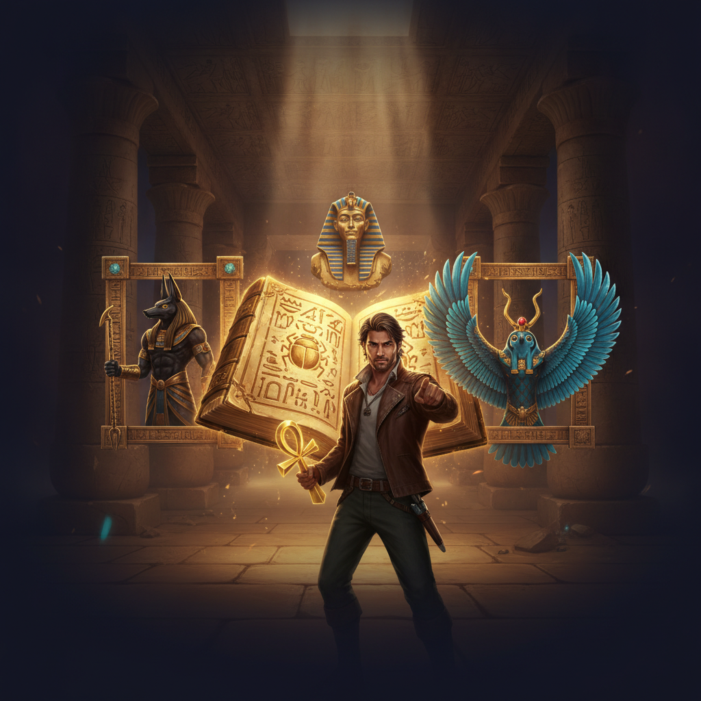 Rich Wilde and the Book of Dead spelautomat med egyptiskt tempel, guldornament, Anubis, Horus, farao och äventyraren Rich Wilde framför mystisk Book of Dead
